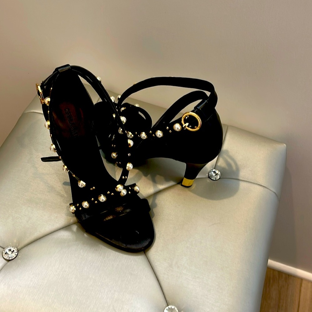 Carol Lagerfield 4 inch scrappy heels, trimmed with pearls and gold